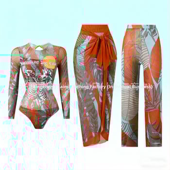 Еднопарен дълъг ръкав бански със слънцезащита, три части – мрежести панталони, подплата за бюста, полиестер, за жени