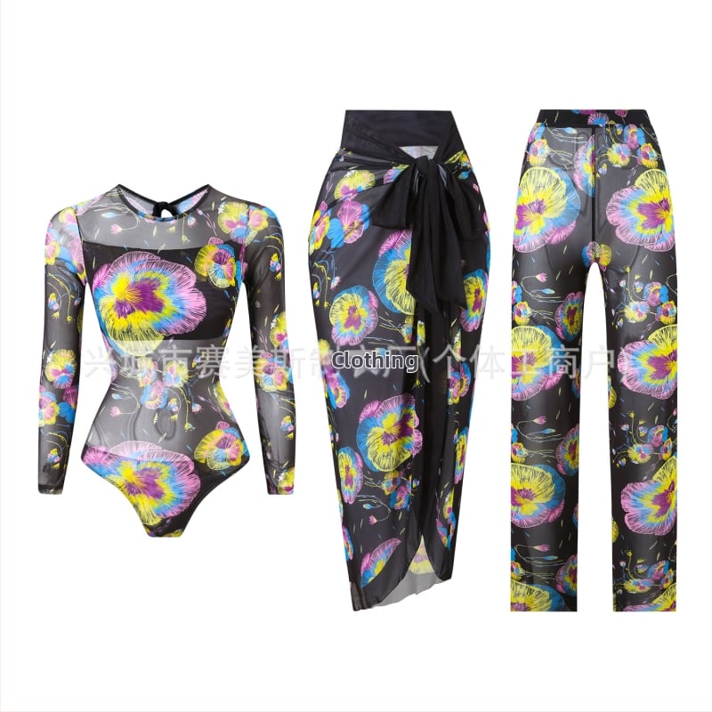 Еднопарен дълъг ръкав бански със слънцезащита, три части – мрежести панталони, подплата за бюста, полиестер, за жени