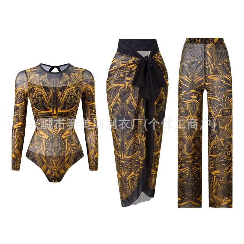 Еднопарен дълъг ръкав бански със слънцезащита, три части – мрежести панталони, подплата за бюста, полиестер, за жени