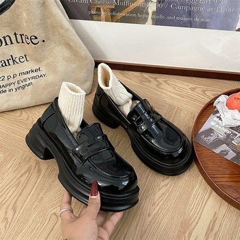 Ženske loaferice JK japanskog stila, okrugli vrh, srednji blok pete 3–5 cm, platforma, Slip-on, PU gornji dio