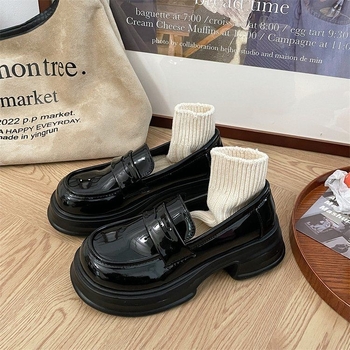 Ženske loaferice JK japanskog stila, okrugli vrh, srednji blok pete 3–5 cm, platforma, Slip-on, PU gornji dio