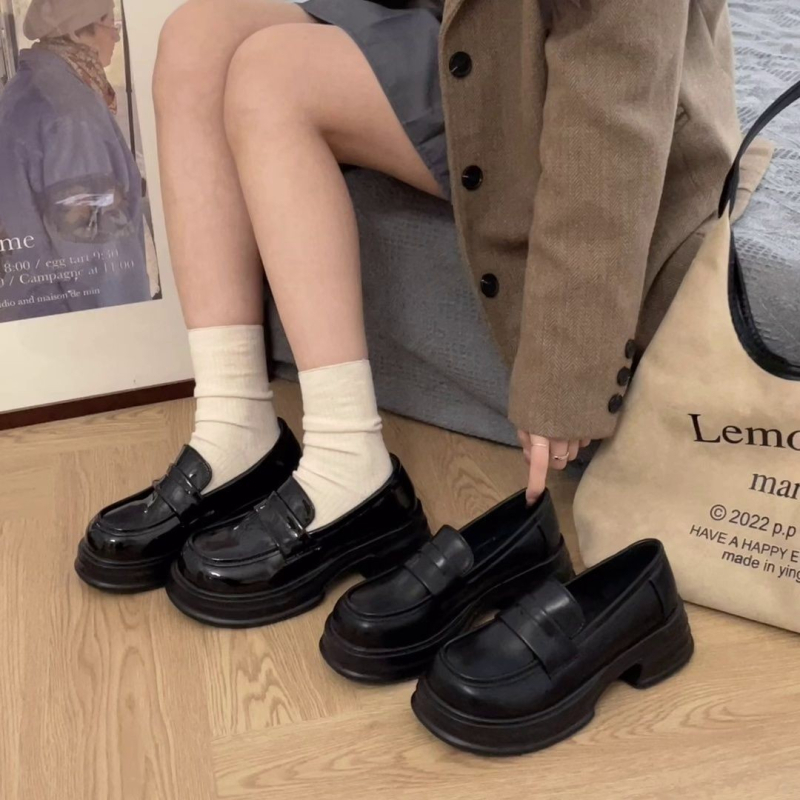 Ženske loaferice JK japanskog stila, okrugli vrh, srednji blok pete 3–5 cm, platforma, Slip-on, PU gornji dio
