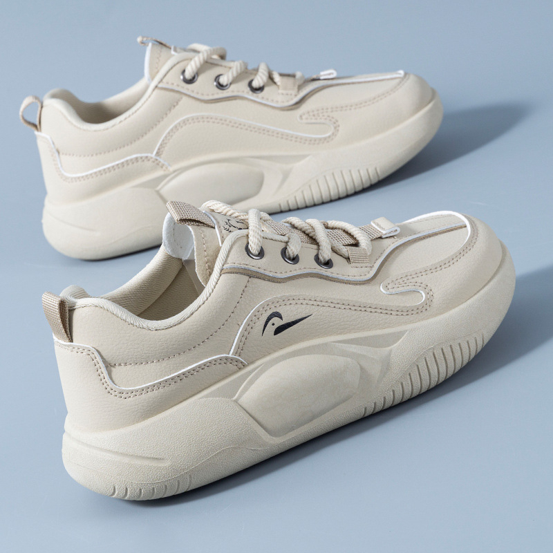 Дамски ежедневни спортни обувки с кръгъл нос, PVC горна част, средна височина, дебел под, връзки, дишаща подплата от плат