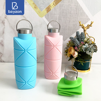 Bayzon сгъваема силиконова чаша, капак от 304 нерж. стомана, дръжка, туристическа употреба, персонализирано лого