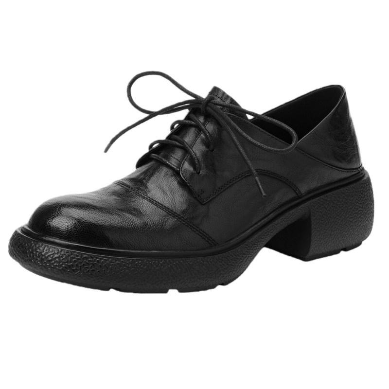 Ženski loafers u britskom stilu s prednjim vezivanjem, gornji dio od ultrafinih vlakana, okrugli vrh, srednje visoko peta 3-5 cm, gumeni potplat