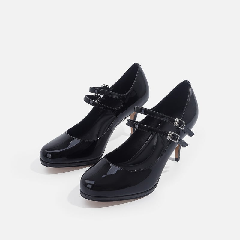 Pantofi Mary Jane din piele sintetică, vârf rotund, toc subțire 3-5 cm, închidere cu cataramă