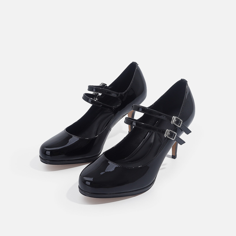 Pantofi Mary Jane din piele sintetică, vârf rotund, toc subțire 3-5 cm, închidere cu cataramă