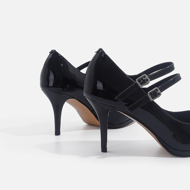 Pantofi Mary Jane din piele sintetică, vârf rotund, toc subțire 3-5 cm, închidere cu cataramă