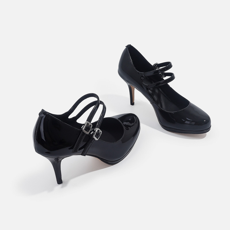 Pantofi Mary Jane din piele sintetică, vârf rotund, toc subțire 3-5 cm, închidere cu cataramă