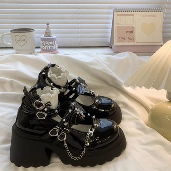 Pantofi platformă pentru femei - Mary Jane punk, vârf rotund, partea superioară PU, toc 3-5 cm, închidere cu cataramă