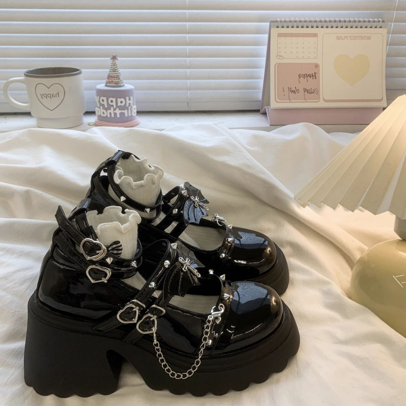 Pantofi platformă pentru femei - Mary Jane punk, vârf rotund, partea superioară PU, toc 3-5 cm, închidere cu cataramă