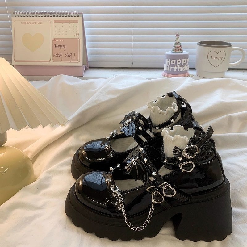 Pantofi platformă pentru femei - Mary Jane punk, vârf rotund, partea superioară PU, toc 3-5 cm, închidere cu cataramă