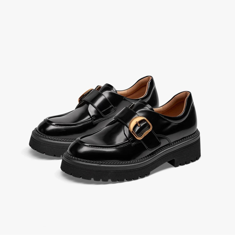 Ženske loaferice od prve slojevine teleće kože, okrugli nos, britanski stil, debeli pet 6–8 cm, TPR potplat, podstava od svinjske kože