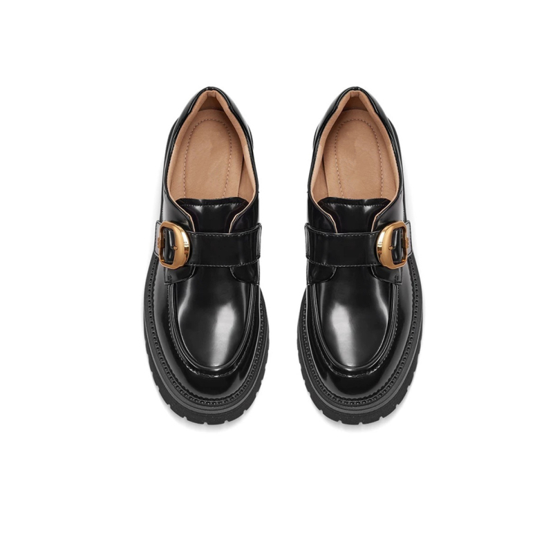 Ženske loaferice od prve slojevine teleće kože, okrugli nos, britanski stil, debeli pet 6–8 cm, TPR potplat, podstava od svinjske kože
