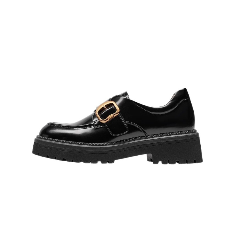 Ženske loaferice od prve slojevine teleće kože, okrugli nos, britanski stil, debeli pet 6–8 cm, TPR potplat, podstava od svinjske kože