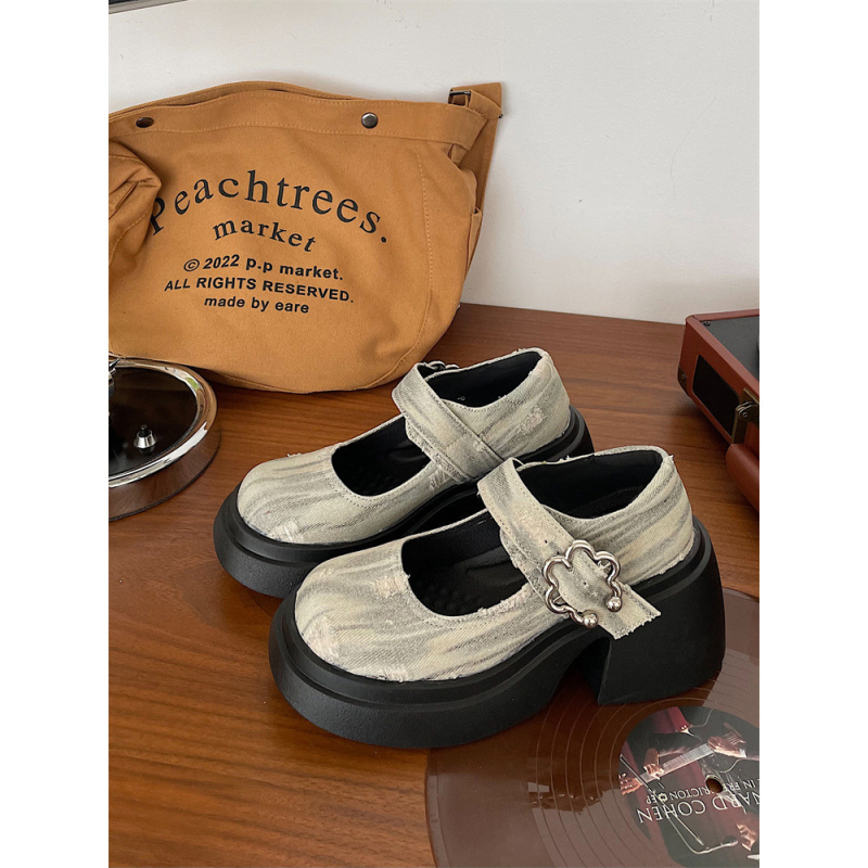 Pantofi Mary Jane pentru femei, vârf rotund, partea superioară PU, talpă groasă, toc gros, fără căptușeală, stil JK uniformă