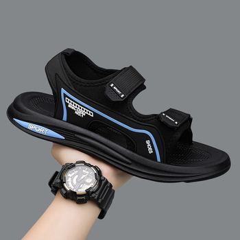 Мъжки плажни сандали с велкро, платнена горна част и PVC подметка, дишащи и с открити пръсти