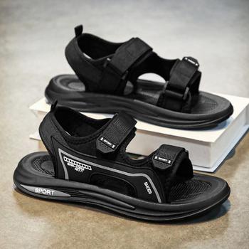 Мъжки плажни сандали с велкро, платнена горна част и PVC подметка, дишащи и с открити пръсти