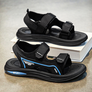 Мъжки плажни сандали с велкро, платнена горна част и PVC подметка, дишащи и с открити пръсти