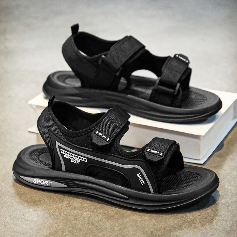 Мъжки плажни сандали с велкро, платнена горна част и PVC подметка, дишащи и с открити пръсти