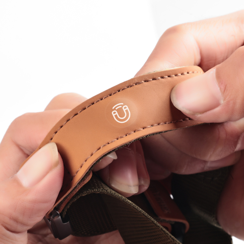 Zglobna ručna traka za kameru P-V1 — brzo otpuštanje, magnetski prilagodljivi remen; za DSLR i bez ogledala kamere; Materijal: webbing + koža + ABS; Težina: 50 g