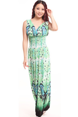 Rochie midi pentru femei, plisată, imprimeu boem, amestec Milk Silk-Linen, guler rotund, fără mâneci