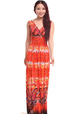 Rochie midi pentru femei, plisată, imprimeu boem, amestec Milk Silk-Linen, guler rotund, fără mâneci