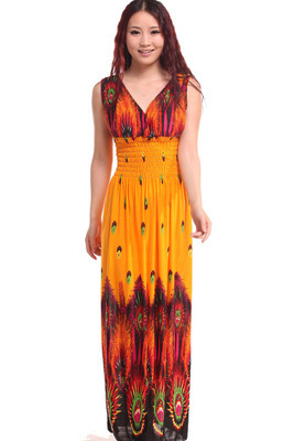 Rochie midi pentru femei, plisată, imprimeu boem, amestec Milk Silk-Linen, guler rotund, fără mâneci