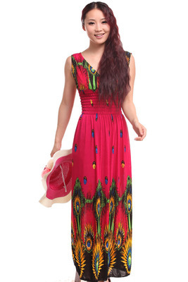 Rochie midi pentru femei, plisată, imprimeu boem, amestec Milk Silk-Linen, guler rotund, fără mâneci