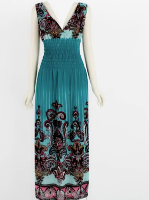 Rochie midi pentru femei, plisată, imprimeu boem, amestec Milk Silk-Linen, guler rotund, fără mâneci