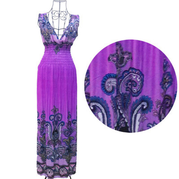 Rochie midi pentru femei, plisată, imprimeu boem, amestec Milk Silk-Linen, guler rotund, fără mâneci