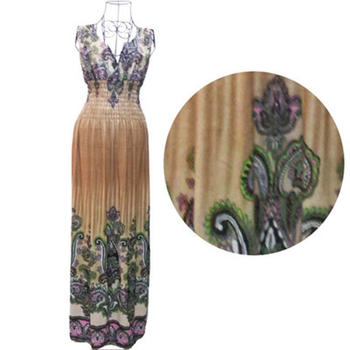 Rochie midi pentru femei, plisată, imprimeu boem, amestec Milk Silk-Linen, guler rotund, fără mâneci