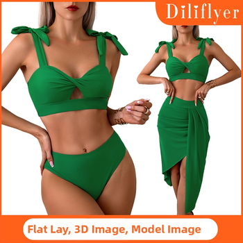 Женски бански костюм от найлон, три части, еднотонен цвят, бързосъхнеща материя, висока еластичност, чашки с подплата без метална опора