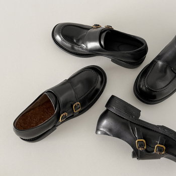 Ženske kožne loaferice, japanski stil, akademski vintage dizajn, dvostruka teleća koža, okrugli nos, slip-on, srednji potpet 3–5 cm, gumeni đon