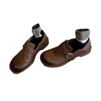Ženske loaferice, britanski stil, gornji dio od dvostruke prirodne kože, okrugli nos, slip-on, niski debeli potpetica 1–3 cm, gumena potplat
