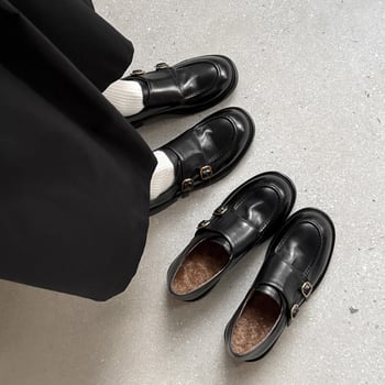 Ženske kožne loaferice s dvostrukom goveđom kožom, okrugli vrh, slip-on, srednji pet 3–5 cm, gumeni potplat, japanski stil akademskih kožnih cipela