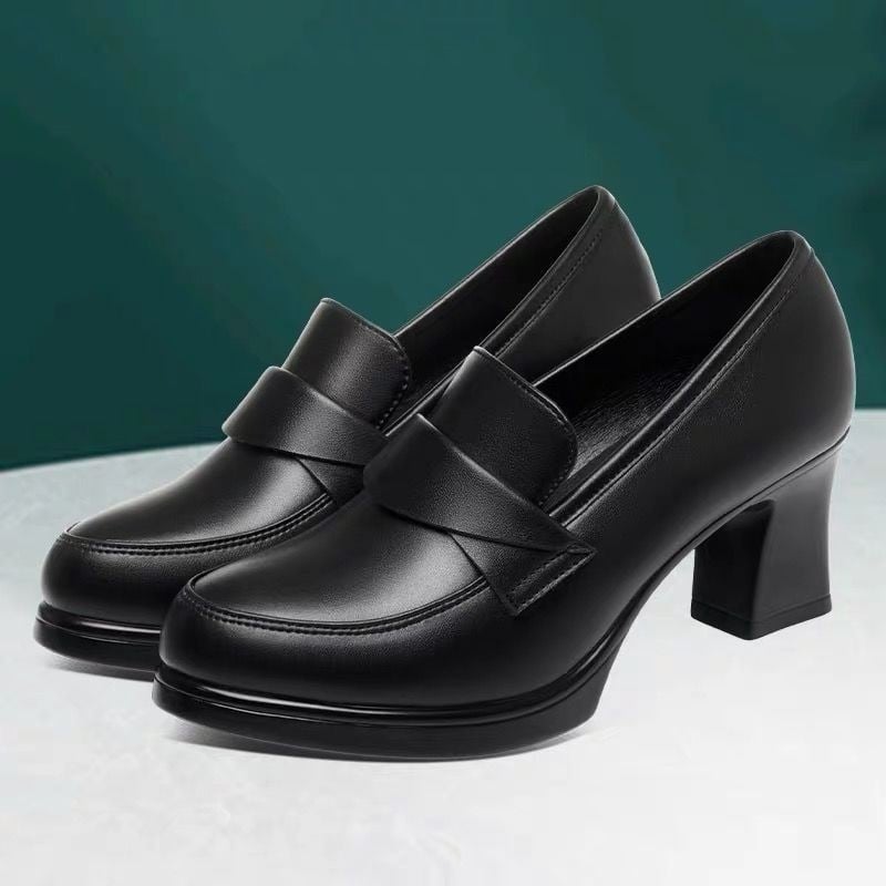 Ženske Slip-On loafers, PU gornji dio, okrugli vrh, 6–8 cm chunky potpetica, gumena potplat, ulošak od ovčje kože