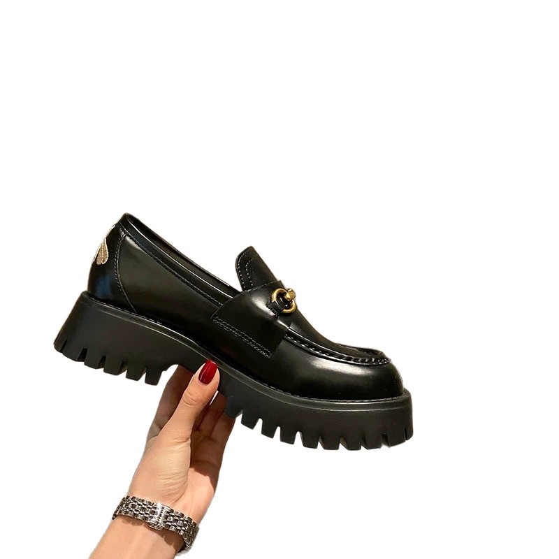 Ženske mokasine s Horsebit kopčom, kožna gornja, debela platforma, okrugli vrh, slip-on