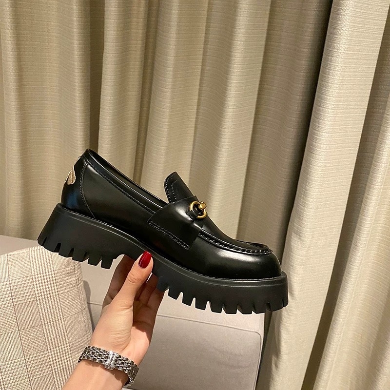 Ženske mokasine s Horsebit kopčom, kožna gornja, debela platforma, okrugli vrh, slip-on