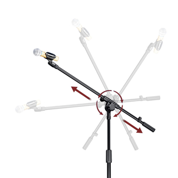 Микрофонна стойка с Т-образно съединение, разширение на напречната греда, свързващ прът и скоба