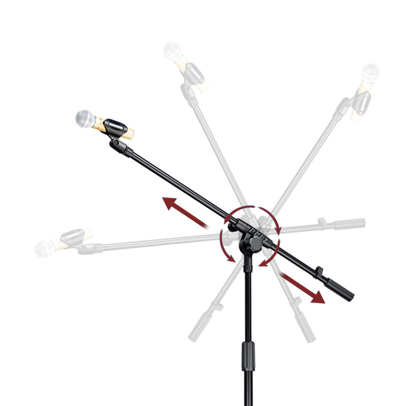 Микрофонна стойка с Т-образно съединение, разширение на напречната греда, свързващ прът и скоба