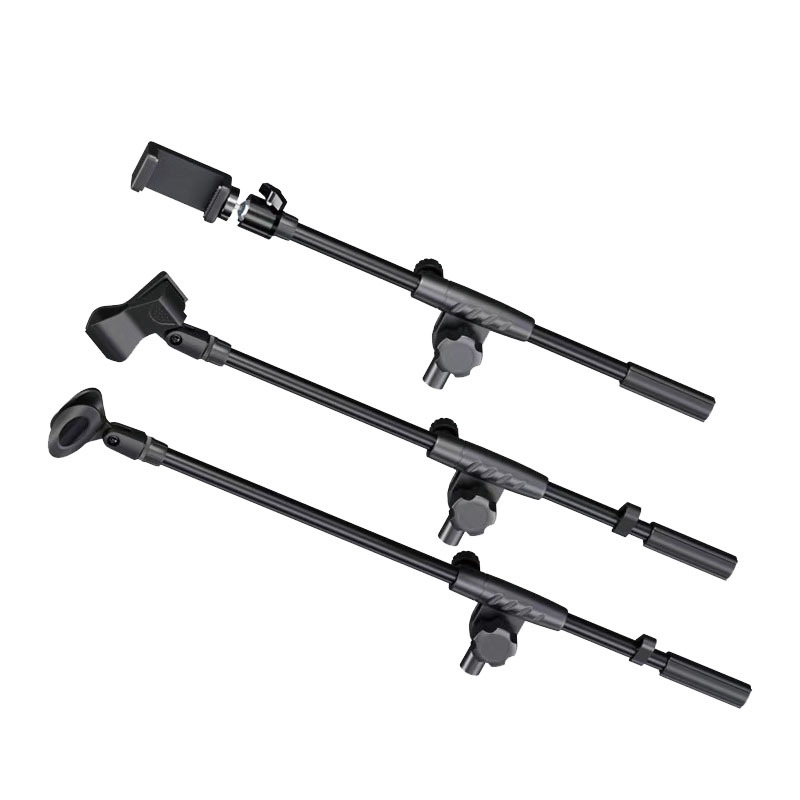 Микрофонна стойка с Т-образно съединение, разширение на напречната греда, свързващ прът и скоба