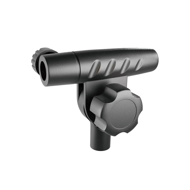 Микрофонна стойка с Т-образно съединение, разширение на напречната греда, свързващ прът и скоба