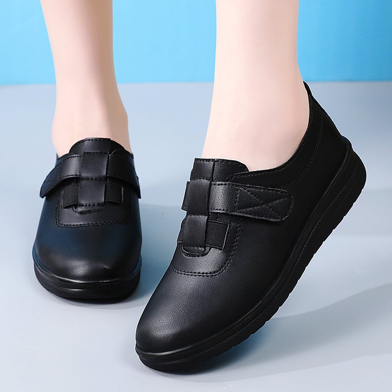 Női bőr munkacipő Velcro zárással, kerek orr, alacsony sarka 1–3 cm, PU talp, könnyű mindennapi használatra