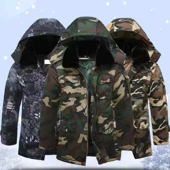 Palton camuflaj militar pentru iarnă – impermeabil, rezistent la vânt și cald, țesătură din amestec de bumbac, lungime medie