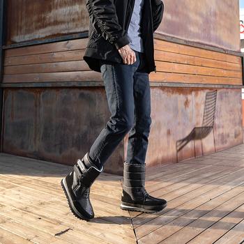 Férfi téli hócsizma meleg plüss béléssel, vízálló és csúszásmentes gumitalppal, felsőrész síruha anyag + velúr bőr, téli modell