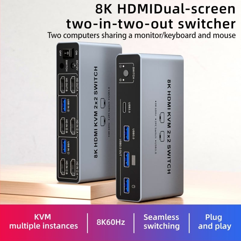 KVM prekidač za dva računala – 8K HDMI dvostrani prikaz, 2 ulaza/2 izlaza, Windows kompatibilan, kabel dužine 1 m, model SJW-KVM202B