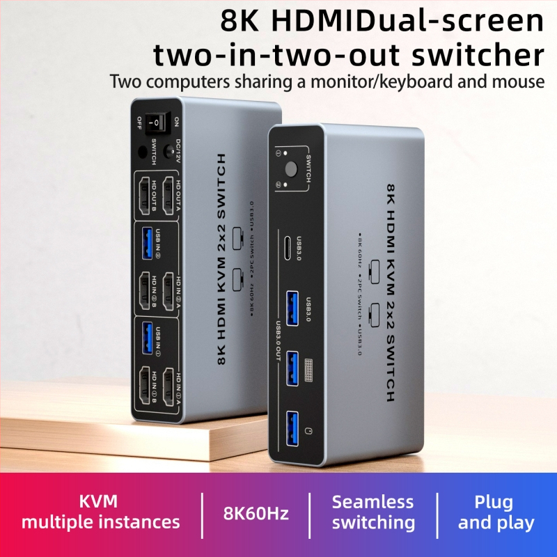KVM prekidač za dva računala – 8K HDMI dvostrani prikaz, 2 ulaza/2 izlaza, Windows kompatibilan, kabel dužine 1 m, model SJW-KVM202B