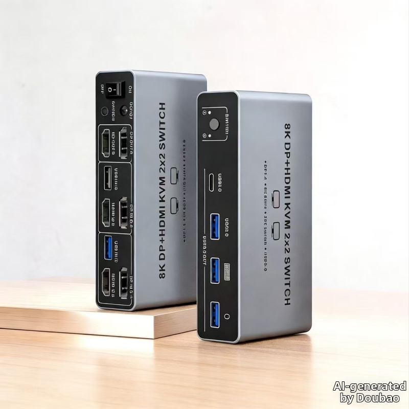 KVM prekidač za dva računala – 8K HDMI dvostrani prikaz, 2 ulaza/2 izlaza, Windows kompatibilan, kabel dužine 1 m, model SJW-KVM202B