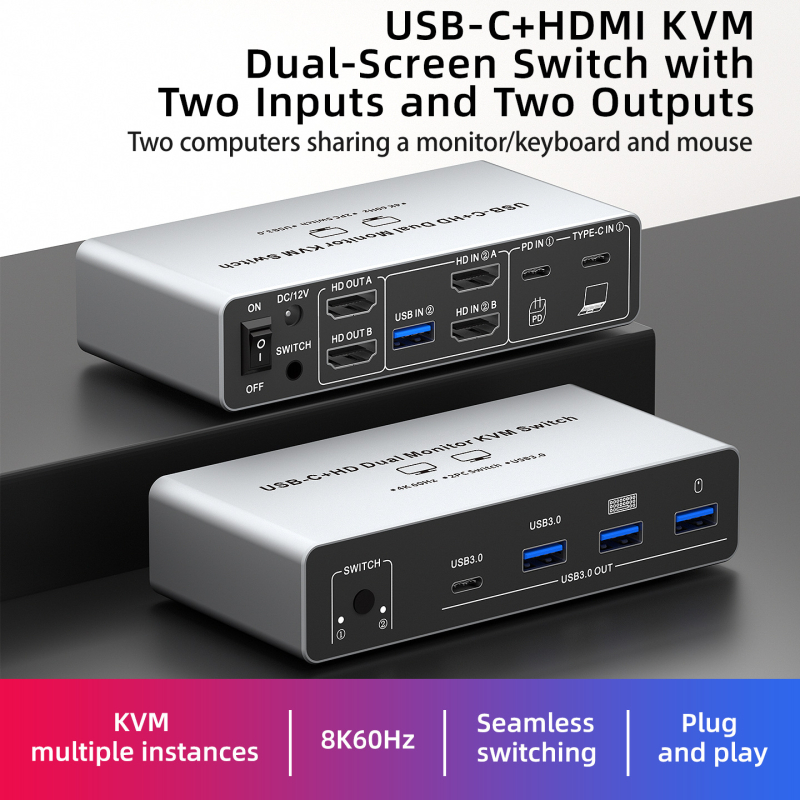 KVM prekidač za dva računala – 8K HDMI dvostrani prikaz, 2 ulaza/2 izlaza, Windows kompatibilan, kabel dužine 1 m, model SJW-KVM202B